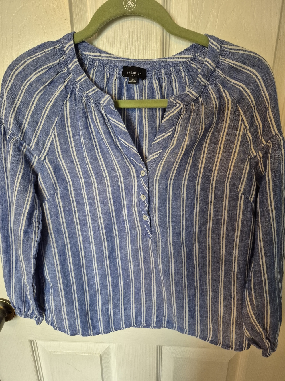 Talbots Blue & White Striped Linen Henley Blouse
